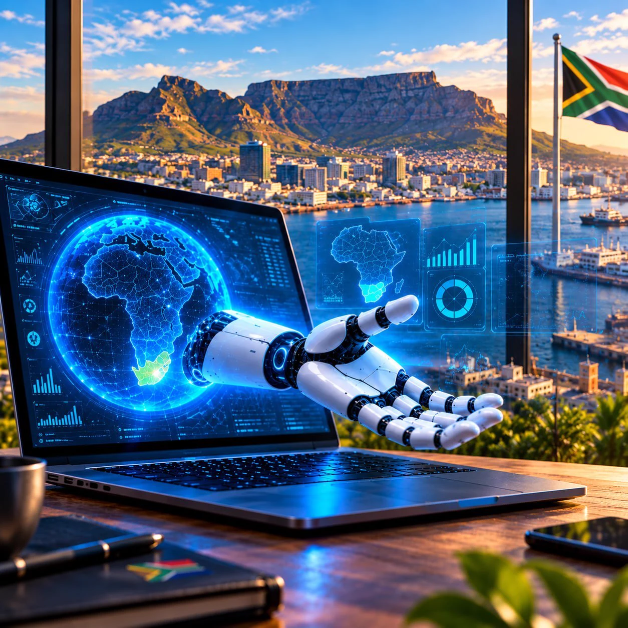 A robotic hand reaching out of a laptop that displays a glowing map of Africa and data charts, with Table Mountain and a South African flag through the window